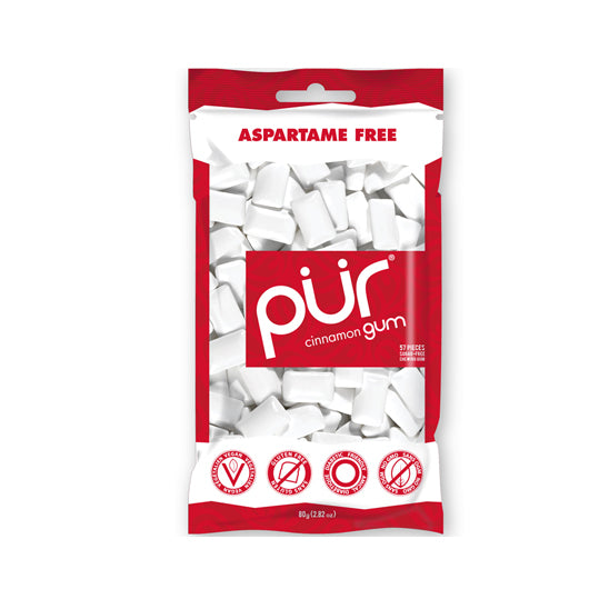 77 gram red and white bag of PUR Gum - Cinnamon (bag)
