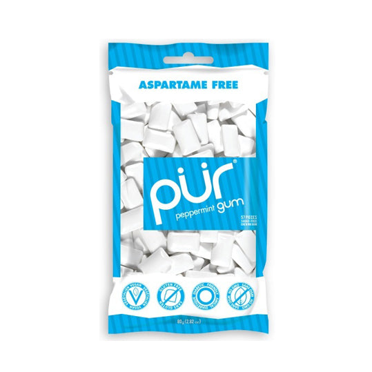 77 gram light blue and white PUR Gum - Peppermint (bag)