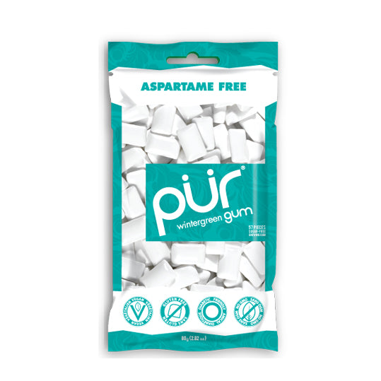 22 gram blue and white bag of PUR Gum - Wintergreen (bag)