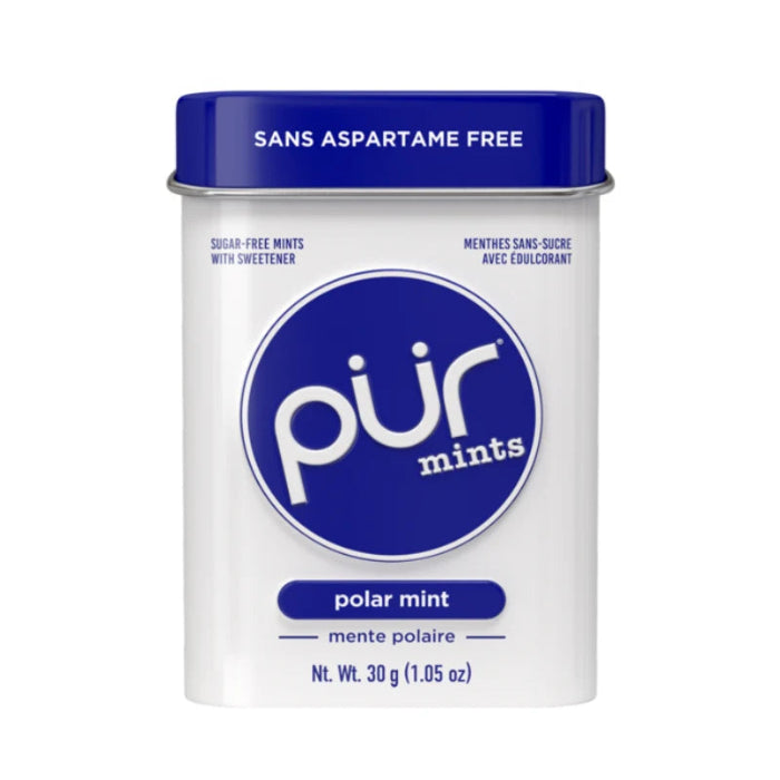 Pack of Pur Mints in Polar Mint flavor, featuring a cool blue and white package with the Pur logo prominently displayed.