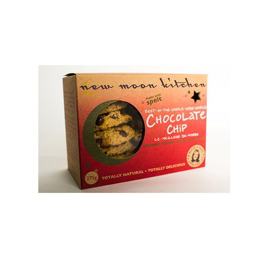 275 gram red and brown box of New Moon Kitchen Cookie Box Chocolate Chip