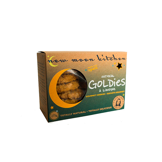 275 gram green and brown box of New Moon Kitchen Cookie Box Oatmeal Goldies