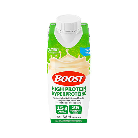 Boost High Protein, Vanilla, 237mL tetra with resealable cap.