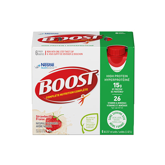 Boost High Protein, strawberry, 24 units of 237mL bottles, with resealable cap, green packaging.