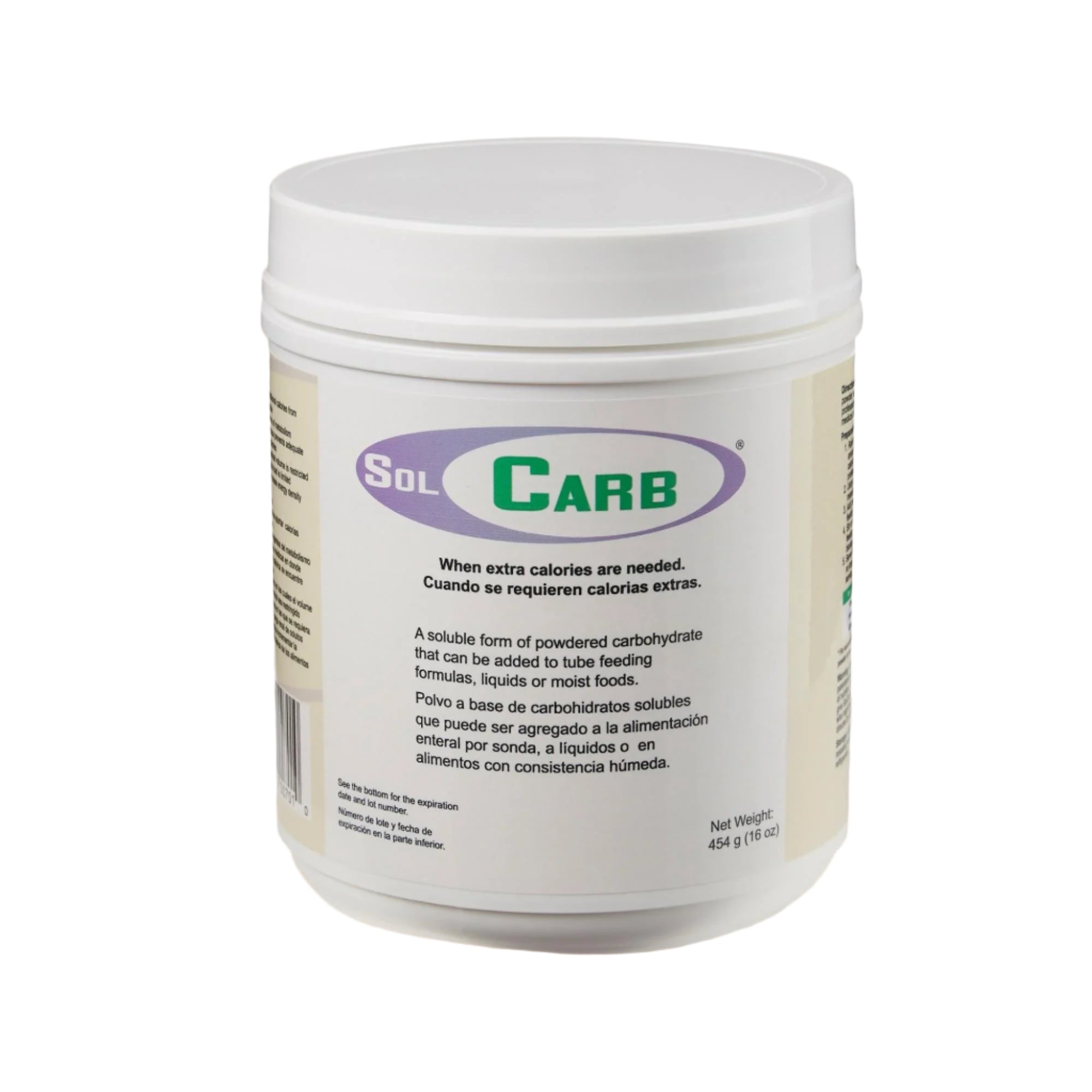 454 gram white, purple and green jar of Solcarb.