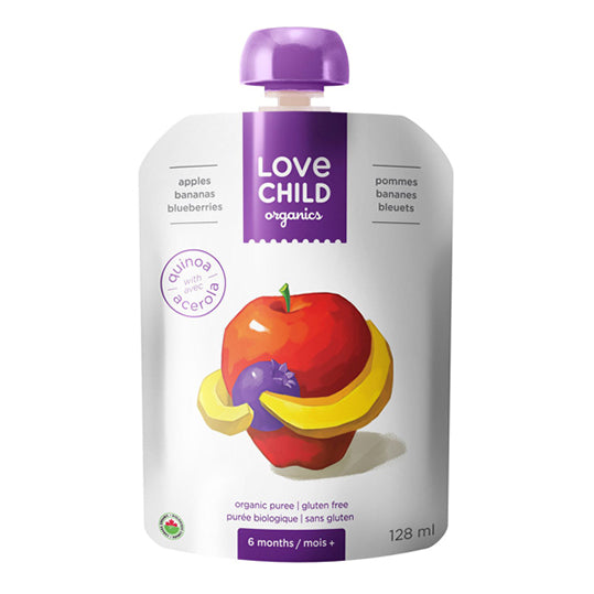 Love Child Organics, apples, banana, and blueberry puree, white and purple packaging, purple twist off resealable cap, 128mL.