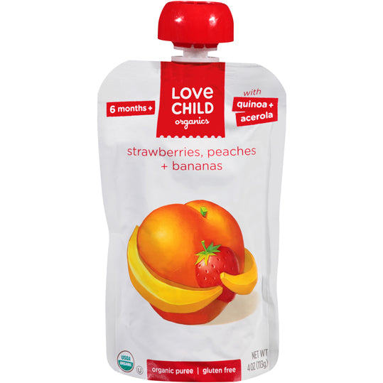 Love Child Organics, strawberries, peaches, and bananas, white and red packaging, with red resealable twist off cap, 113g.