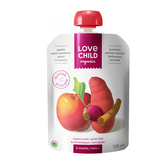 Love Child Organics, apples, sweet potatoes, beets, and cinnamon puree, white and pink packaging, pink/red resealable twist off cap, 128mL. 