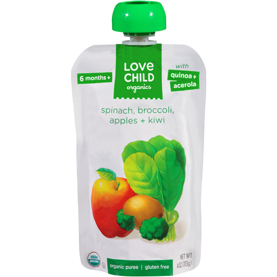 Love Child Organics, spinach, broccoli, apples and kiwi puree, white and green packaging, green resealable twist off cap, 113g.