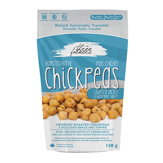 120 gram blue and white bag of Three Farmers Roasted Chickpeas Lightly Salted