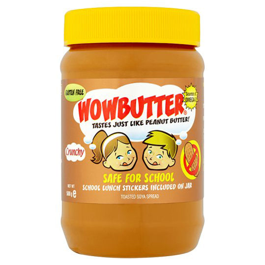 500 gram yellow and brown jar of WOW Butter - Crunchy Soynut Butter