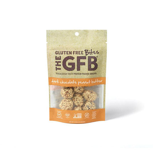 113 gram orange and brown bag of The GFB Dark Chocolate Peanut Butter Bites