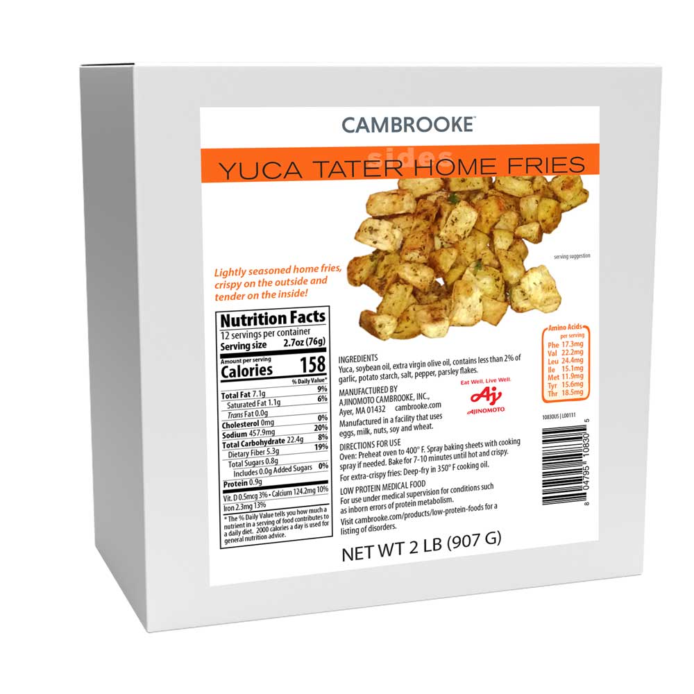 907 gram of a package of Cambrooke Yuca Tater Home Fries.