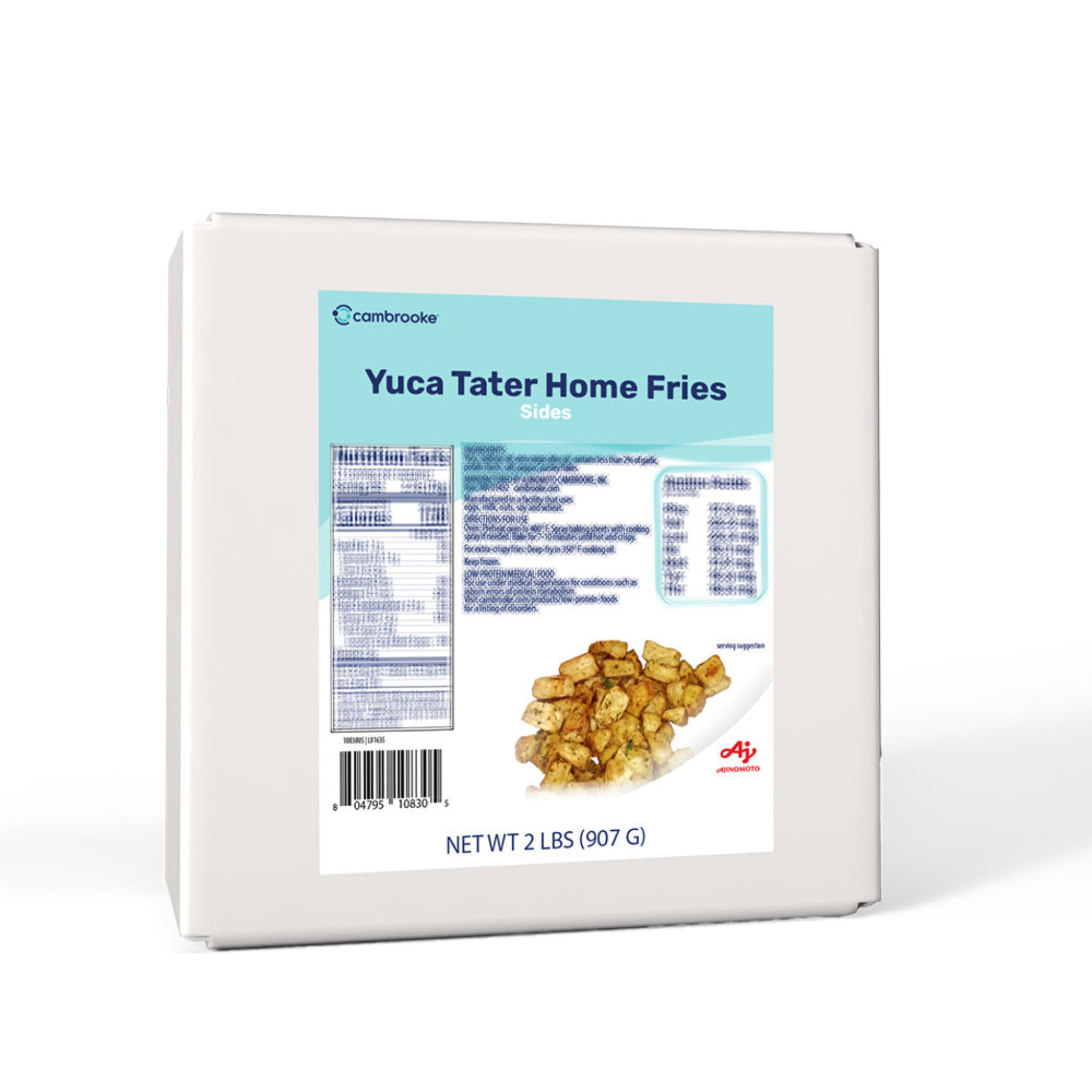 Box of Cambrooke Yuca Tater Home Fries with a label on a white background