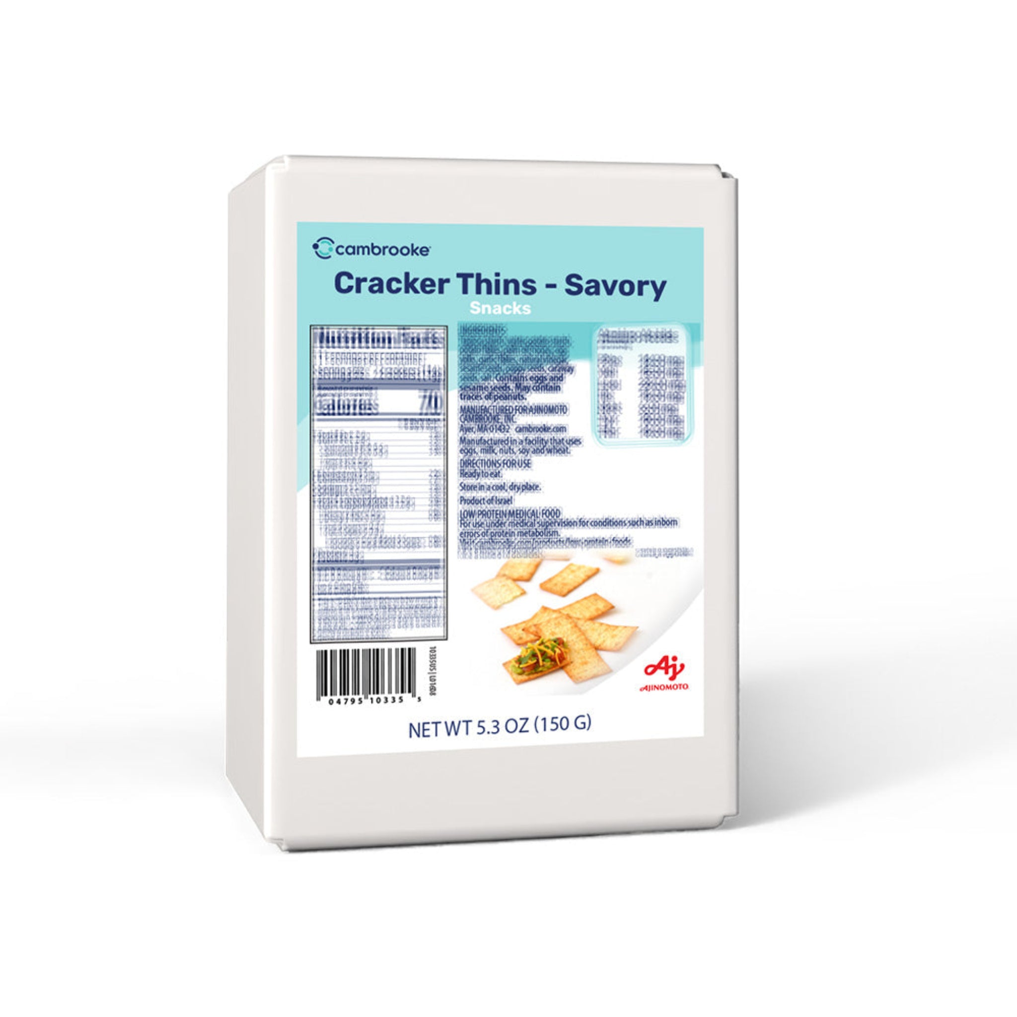 Box of Cambrooke Savory Cracker Thins with a blue label on a white background