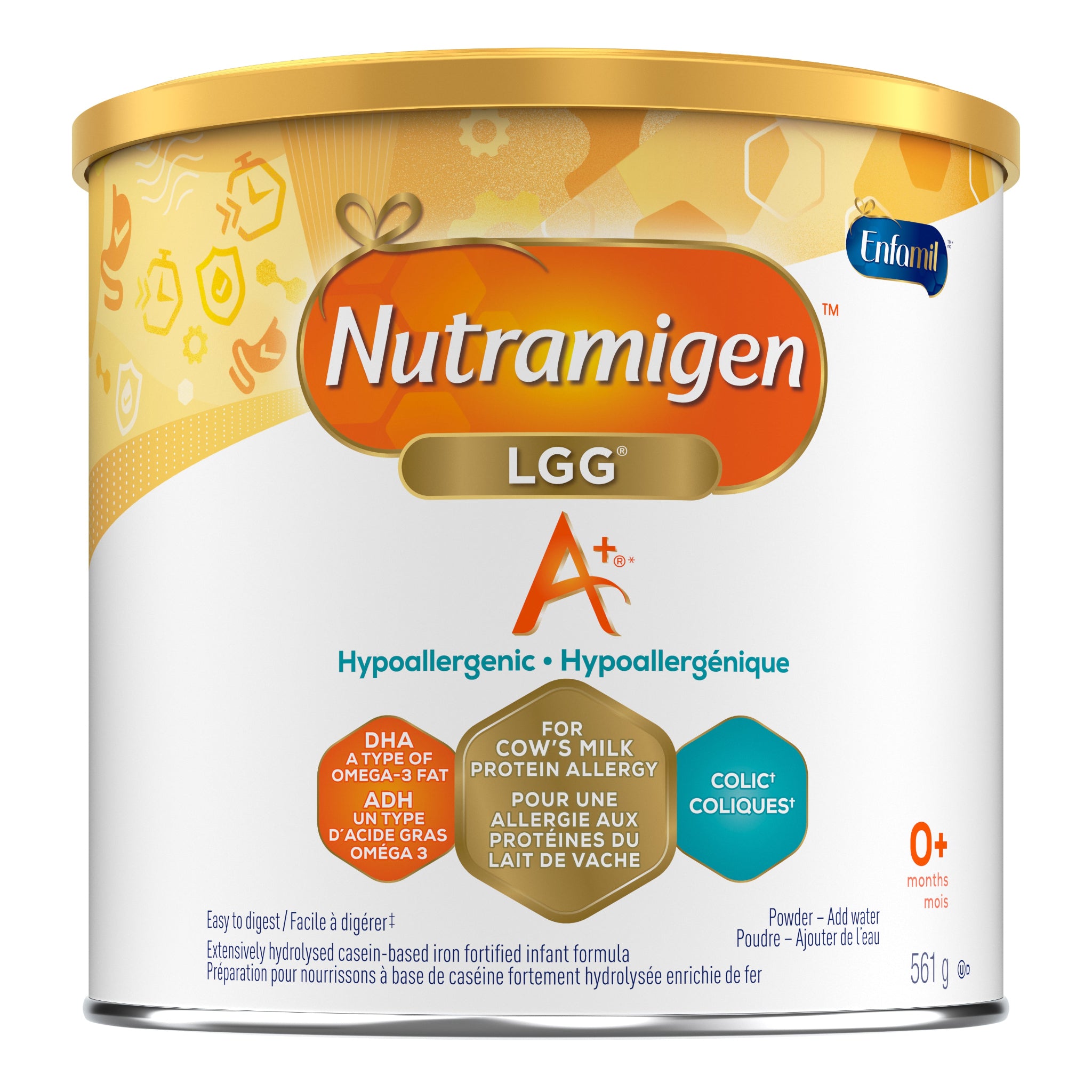 A canister of Enfamil Nutramigen LGG hypoallergenic infant formula powder, 561 g. The packaging features a white and gold design with a prominent orange and gold central logo.