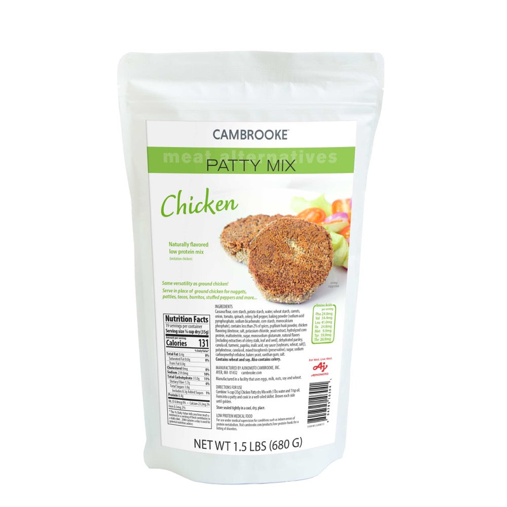 680 gram green and white package of Cambrooke Chicken Patty Mix.