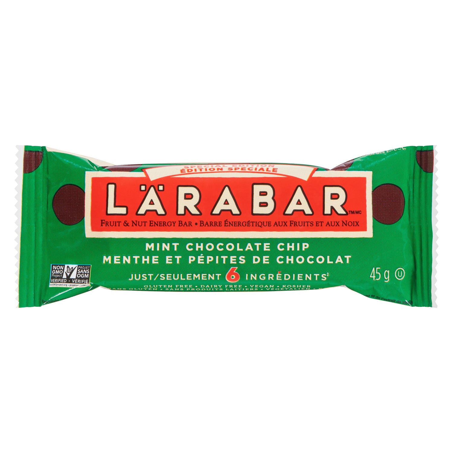 45 gram green and red bar of Larabar Mint Chocolate Chip