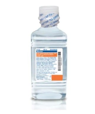 Baxter NACL 0.9% 500mL, blue and orange label, clear bottle.