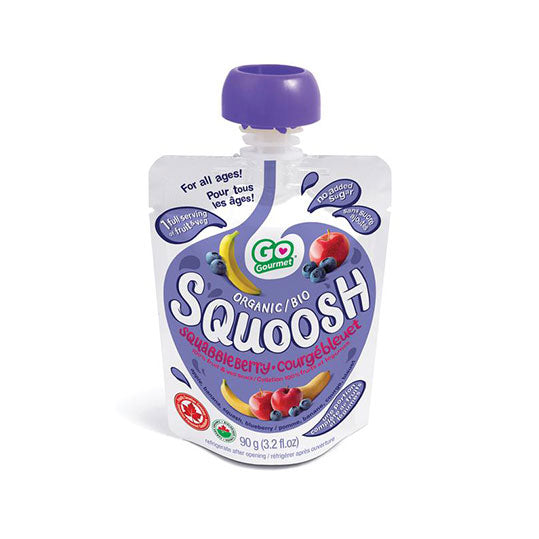 Baby Gourmet Squoosh, organic squabbleberry, white and purple packaging, resealable purple twist off cap, four 90g pouches.