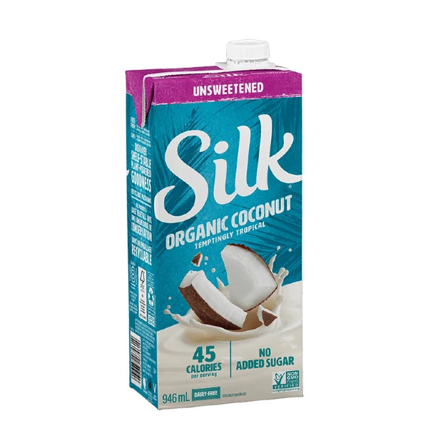 Silk Unsweetend Organic Coconut, shelf stable, blue and purple packaging.