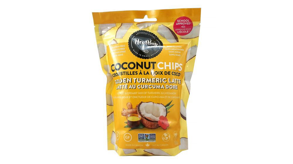 100 gram yellow bag of Healthy Crunch Golden Turmeric Latte Coconut Chips