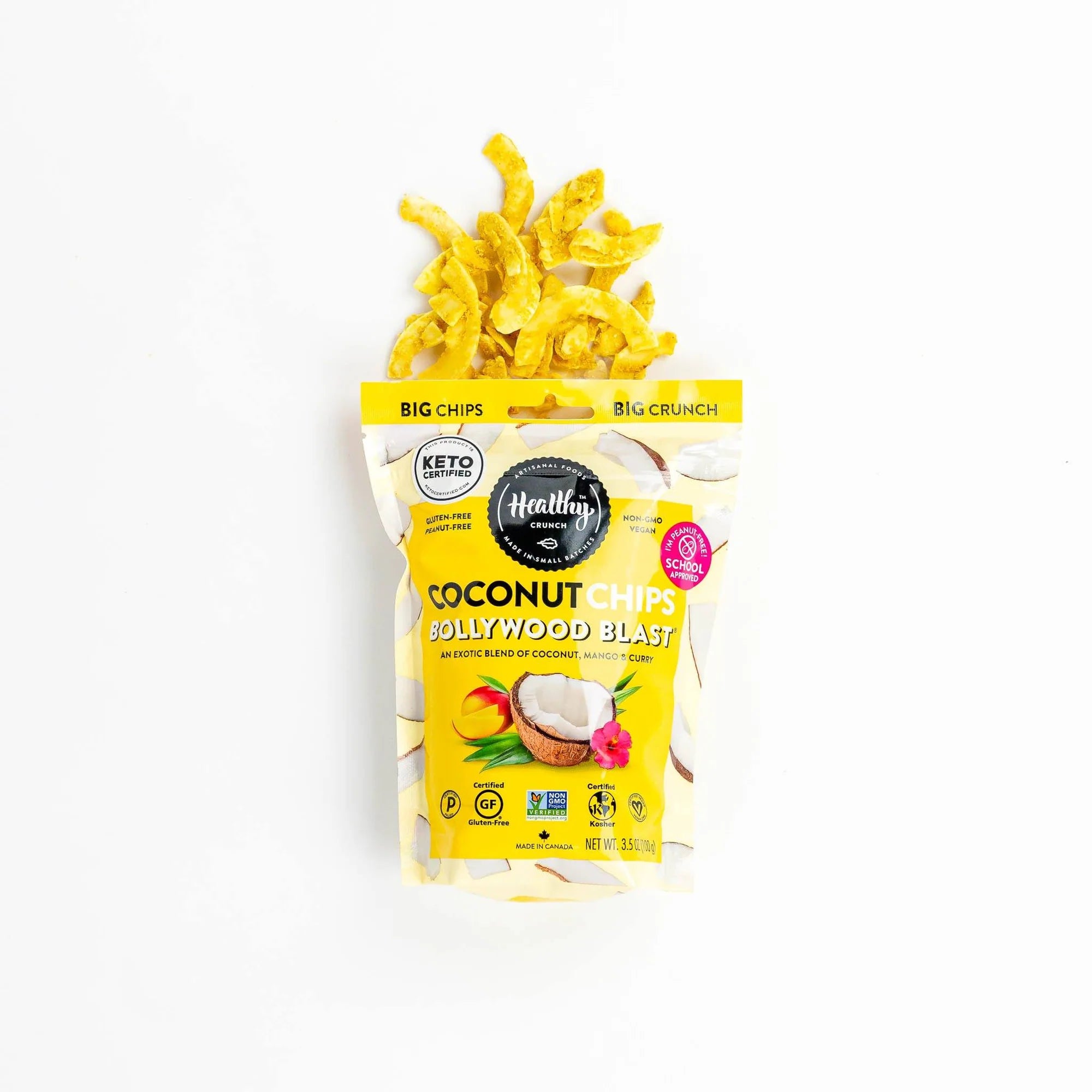 100 gram yellow bag of Healthy Crunch Bollywood Blast Coconut Chips