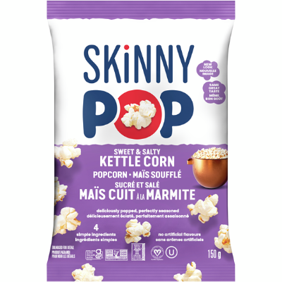 SkinnyPop Popcorn Sweet and Salty in a white bag with purple accents.