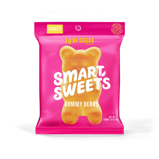 50 gram pink and orange bag of Smart Sweets Fruity Gummy Bears
