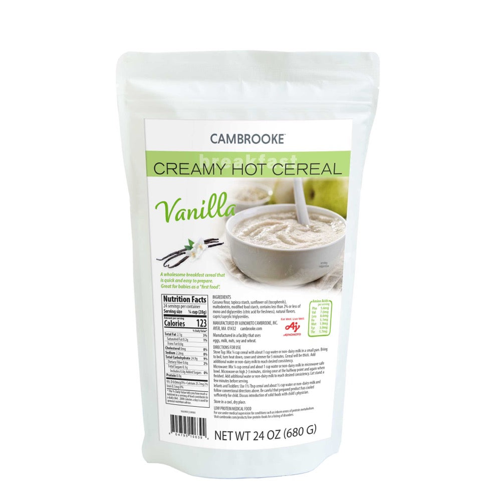 680 gram green and white package of Cambrooke Creamy Hot Cereal - Vanilla.