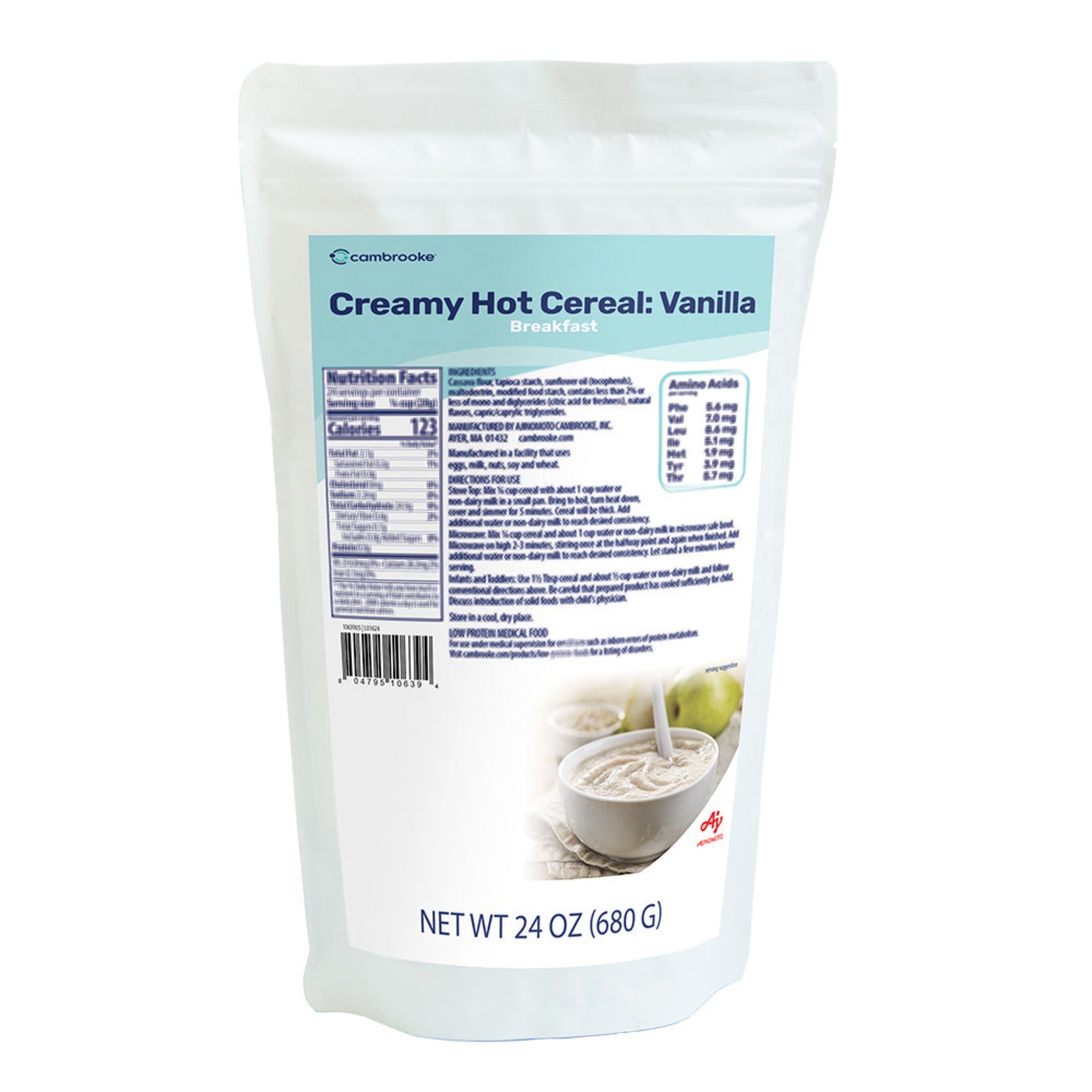 White package of Cambrooke creamy hot cereal with vanilla flavor on a white background