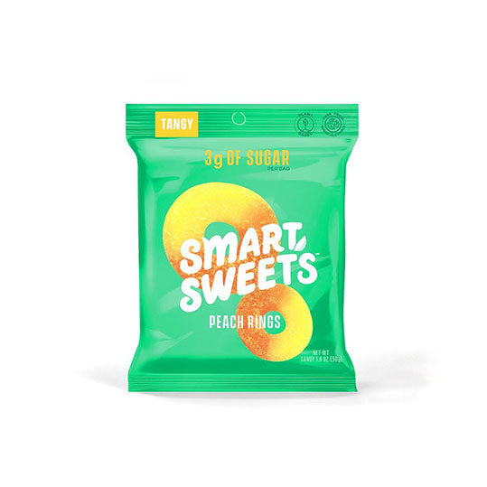 50 gram green and yellow bag of Smart Sweets Tangy Peach