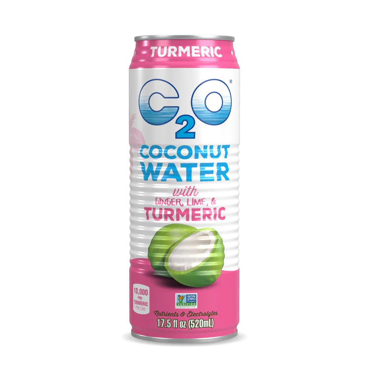 520 mL pink white and blue can of C2O Coconut Water with Ginger Lime & Turmeric