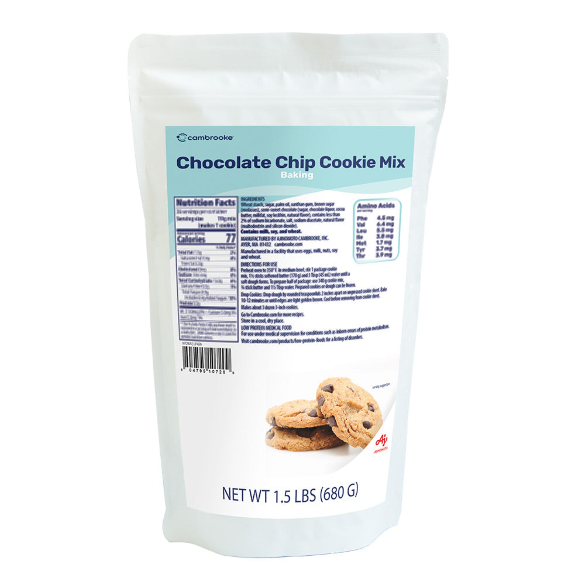 Package of Cambrooke chocolate chip cookie mix with a blue label on a white background