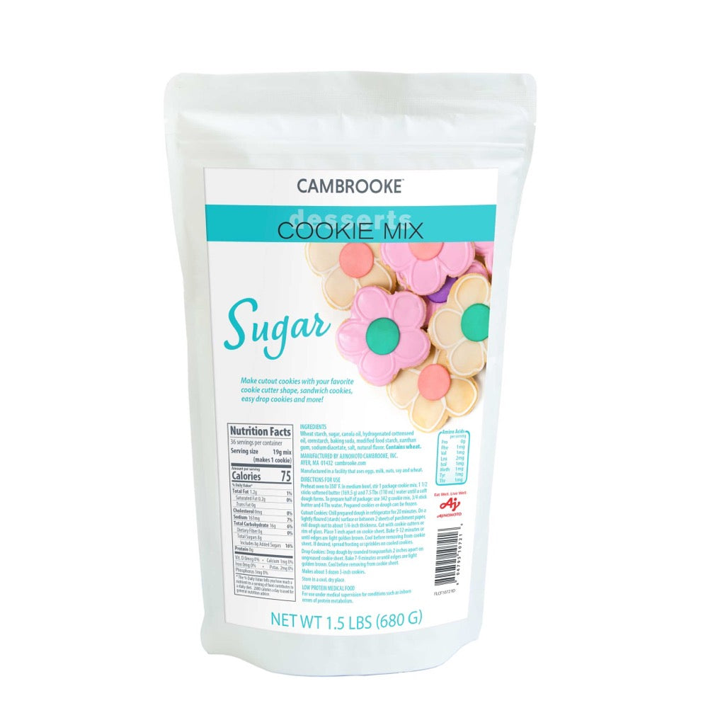 680 gram blue pink and white package of Cambrooke Sugar Cookie Mix.
