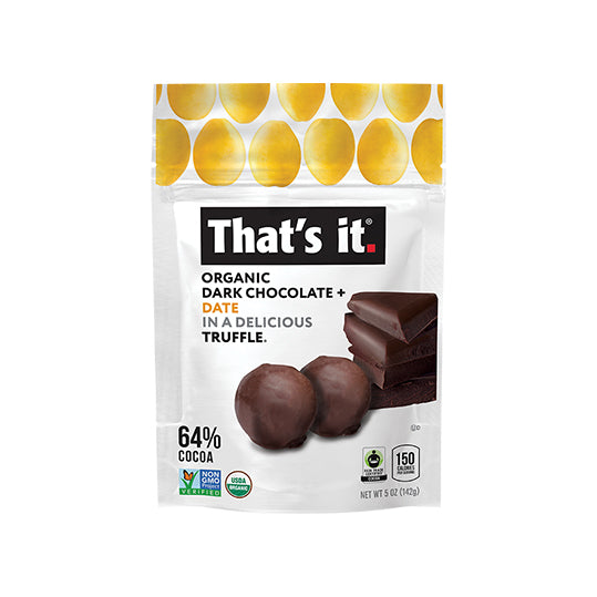 142 gram yellow and white bag of That's It Dark Chocolate Date Truffles