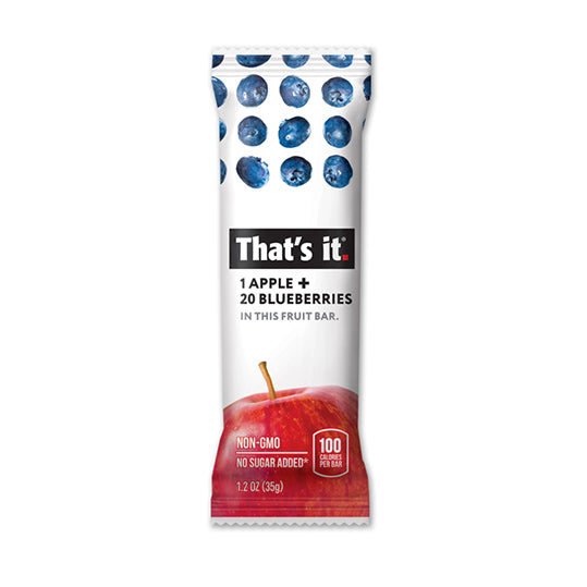 35 gram blue red and white single packet of That's It - 1 Apple & 20 Blueberries Fruit Bar