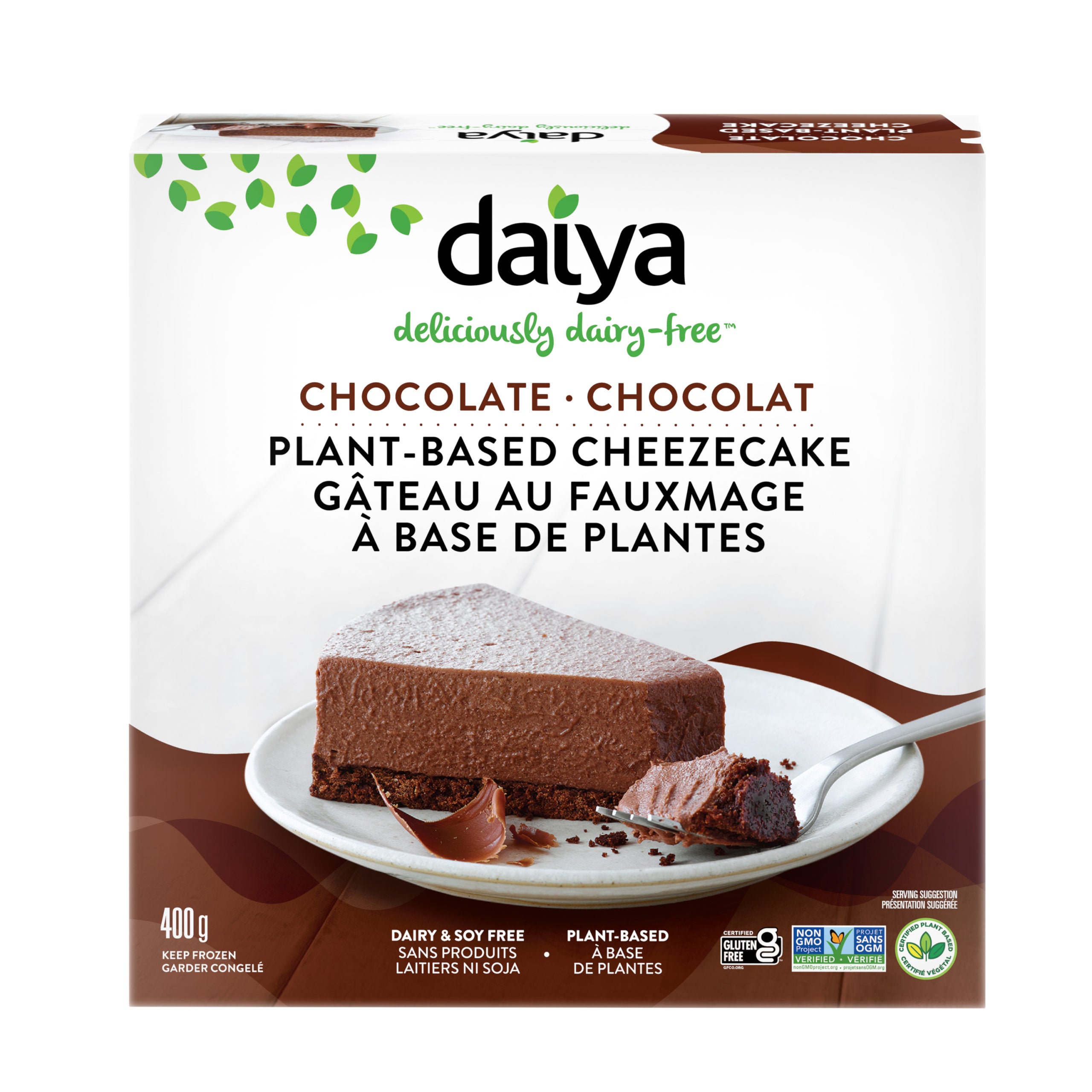 400 gram brown and white box of Daiya Chocolate Cheesecake
