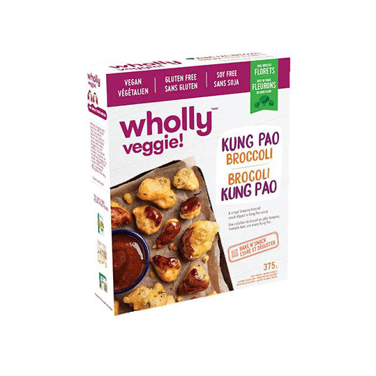 375 gram purple & white box of Wholly Veggie Kung Pao broccoli 