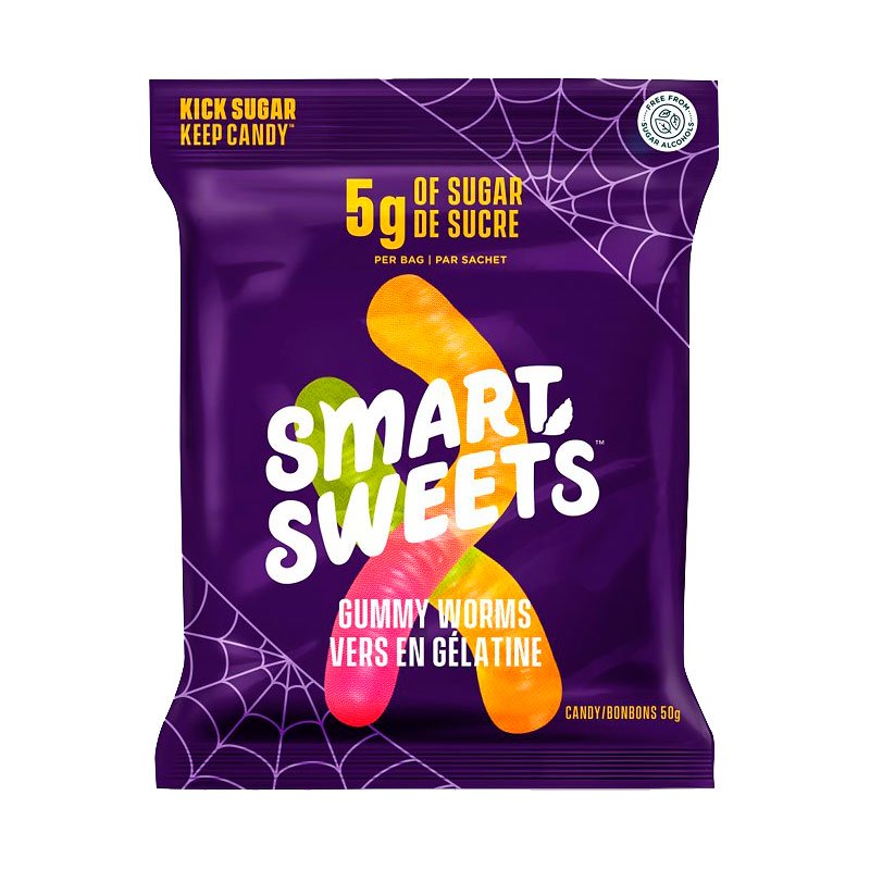 50 gram purple and orange bag of Smart Sweets Halloween Worms