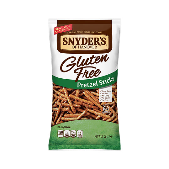 226 gram green and white bag of Snyder's Original Pretzel Sticks