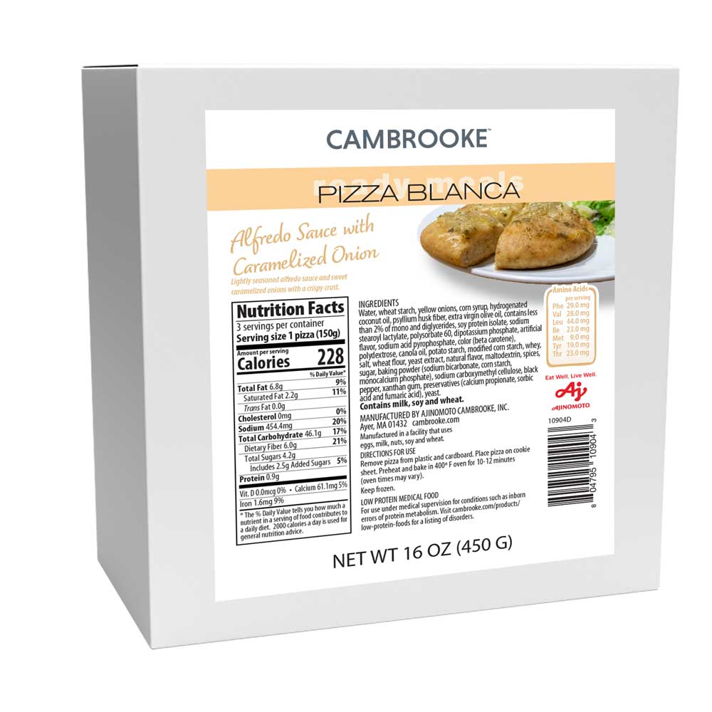 Orange and white 450 gram box of Cambrookes Pizza Blanca with alfedo sauce and caramalized onion. 
