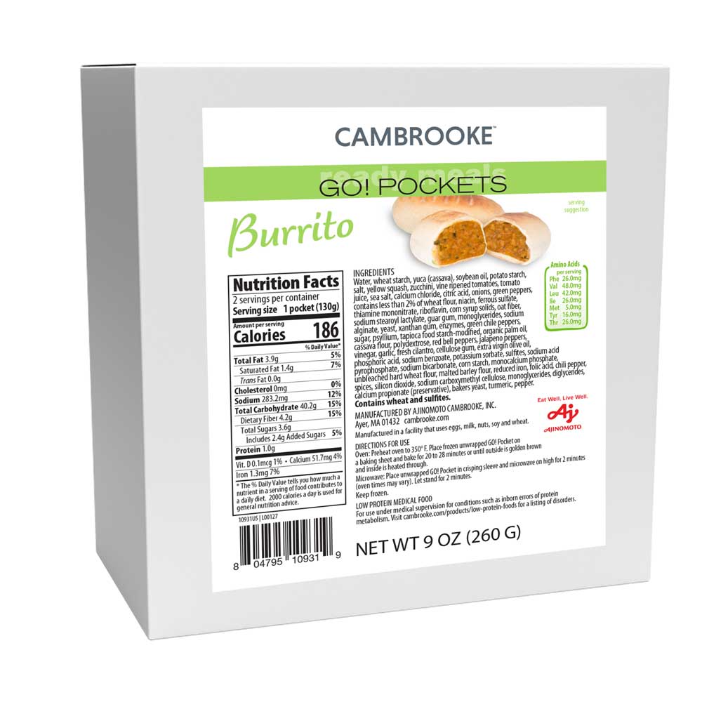 Green and white 260 gram box of Cambrooke Go Pockets Burrito with nutritional label on the front. 