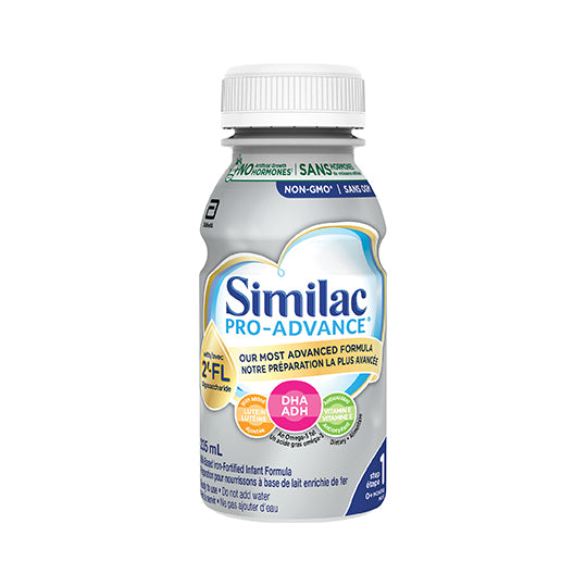 Similac Pro-Advance Step 1 (Ready-to-use), silver coloured bottle with white lid, 235mL.