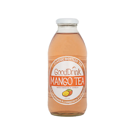 473 mL orange and white bottle of GoodDrink Mango Tea with Vanilla & Hibiscus