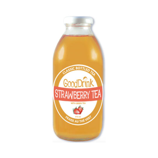 473 mL red and white bottle of GoodDrink Strawberry Tea with Green Tea