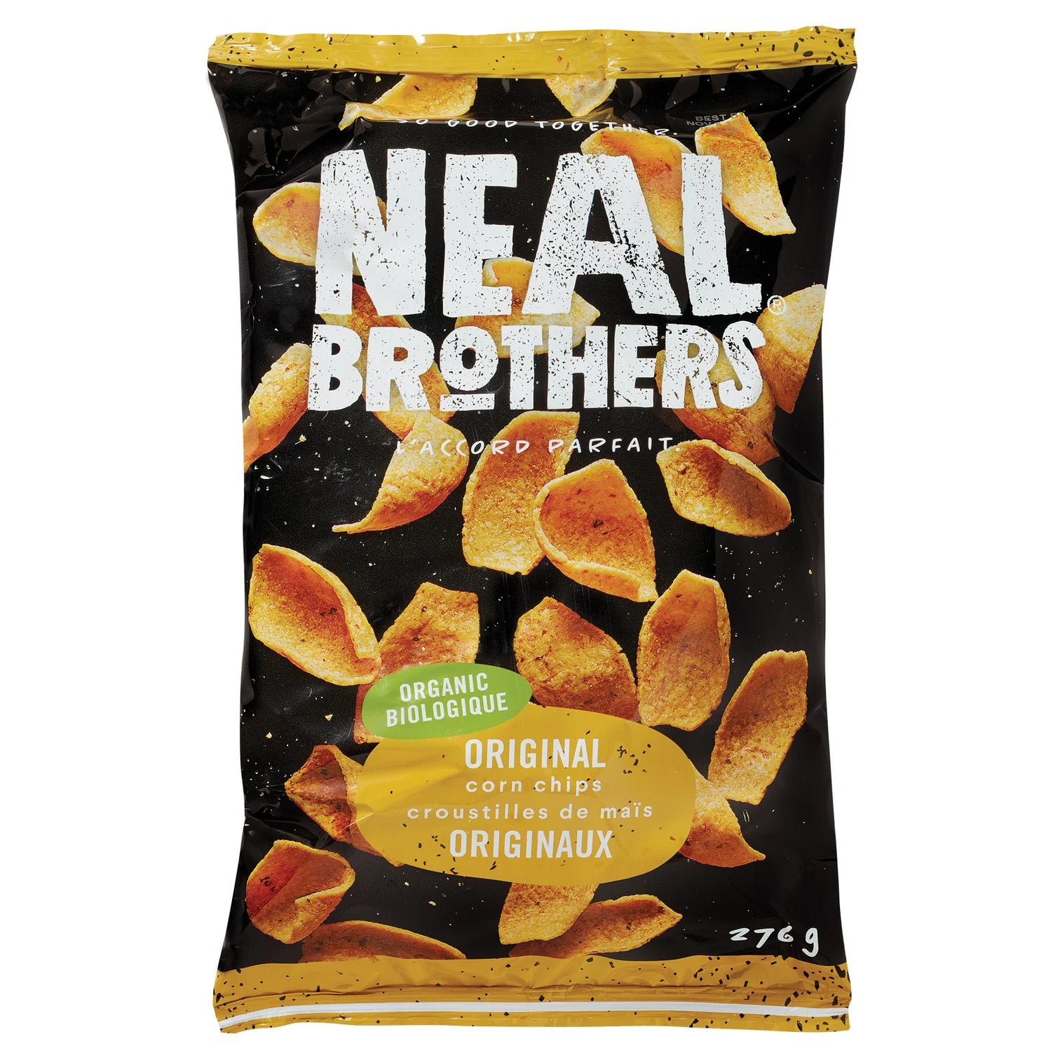 276 gram black and yellow bag of Neal Brothers Organic Original Corn Chip