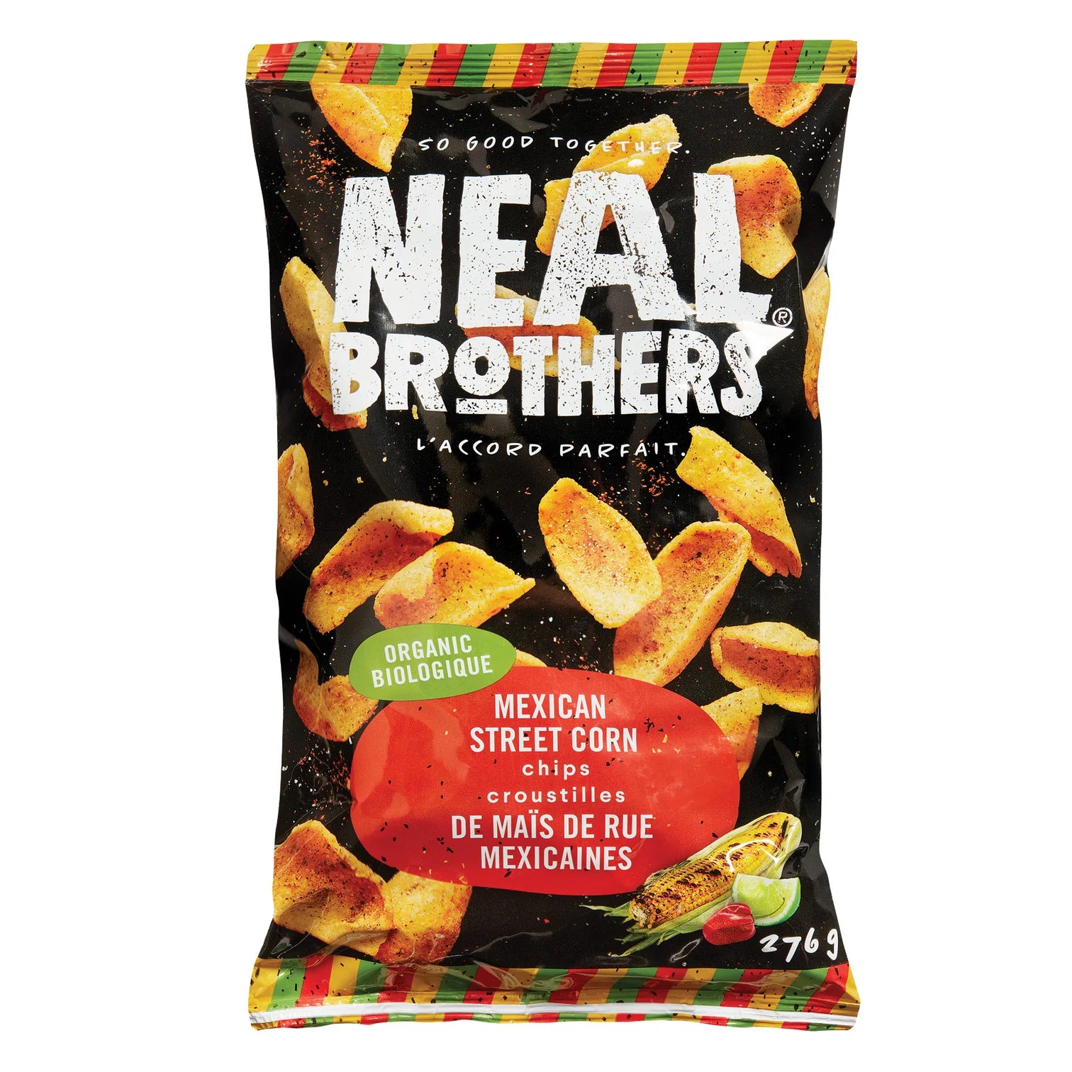 276 gram black green and red bag of Neal Brothers Organic Mexican Street Corn Chip
