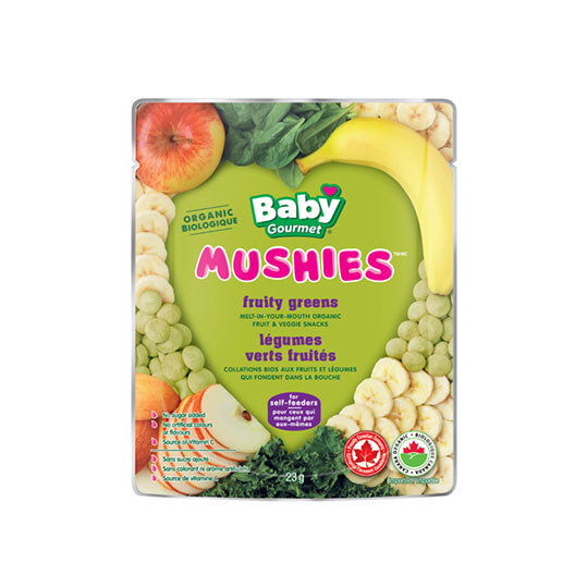 Baby Gourmet organic mushies fruity greens, green packaging with fruit and vegetables pictured, tear pouch, 23g.