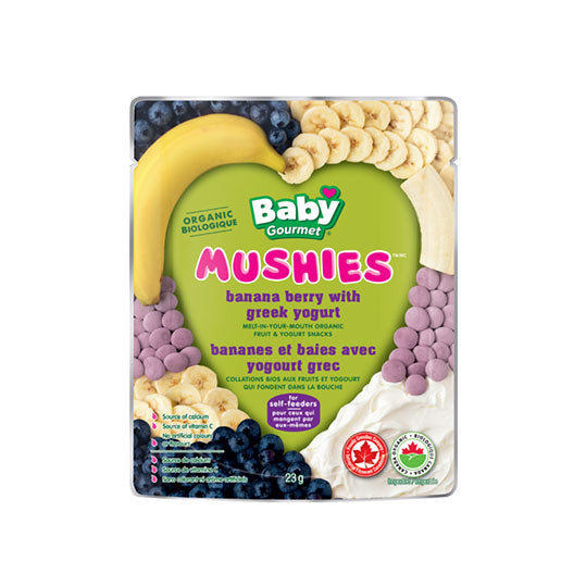 Baby Gourmet organic mushies, banana berry with greek yogurt,  green packaging with fruits pictured, tear pouch, 23g.